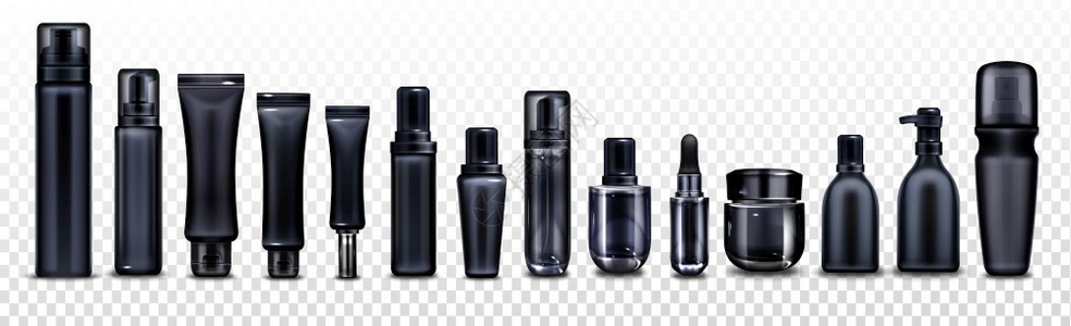 黑化妆品瓶奶油喷雾润滑剂和美容产品的罐和管子以透明背景隔离的化妆品用空玻璃和塑料包的病媒现实模型黑化妆品瓶和管子的病媒模型黑色化图片