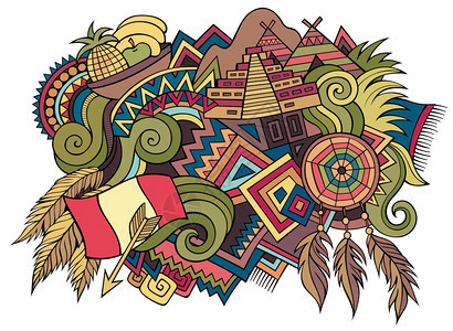 秘鲁手画的漫图解有趣的旅行设计创意艺术矢量背景秘鲁符号元素和对象多彩构成有趣的旅行设计图片