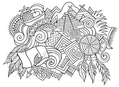 利马秘鲁手工绘制的漫画图解有趣的旅行设计创意艺术矢量背景秘鲁符号元素和对象斯克切奇构成有趣的旅行设计插画