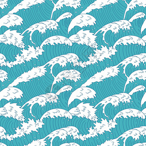 中国地标建筑海浪无缝模式洋水浪线曲海夏季滩风暴纹理矢量背景图解