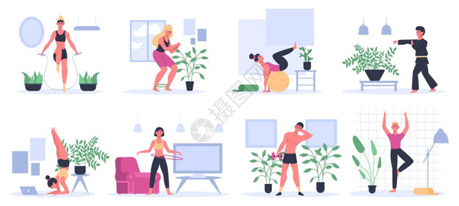女性在家健身锻炼操练瑜伽男子与哑铃一起锻炼运动女在家锻炼运动女在家锻炼活动矢量示意图健身锻炼和在家运动女在家锻炼活动插画