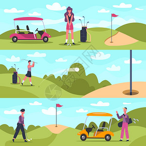 高尔夫横幅男女高尔夫球员在户外运动高尔夫球员在追逐和打矢量背景插图霍比高尔夫活动女跃在户外图片