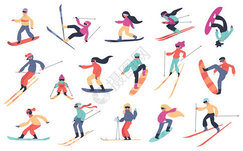 冬季体育活动滑雪或青年极端山区体育孤立矢量插图极端雪板运动滑和者图片