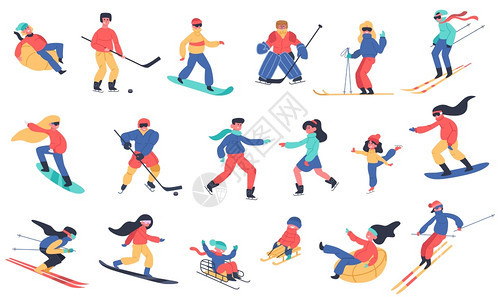 冬季雪活动滑冰和溜家庭节冬季活动孤立的矢量说明图标冰和板极雪运动冬季活冰和滑图片