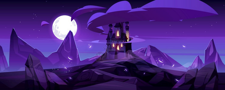 夜晚在山顶的魔法城堡童话宫殿在紫色天空下有塔和岩石路满月天空有云彩幻想堡垒中世纪建筑卡通矢量图夜晚在山神宫的魔法城堡夜晚在山神话图片