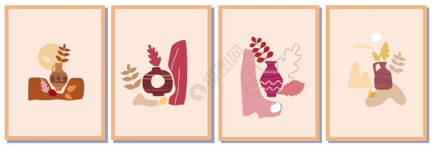 设置秋时的纸牌拼贴最小形状的花瓶彩色糊贴植物设定秋时的纸牌拼贴最小形状的花瓶彩色糊贴画植物模板落下海报孤立的横幅矢量插图图片