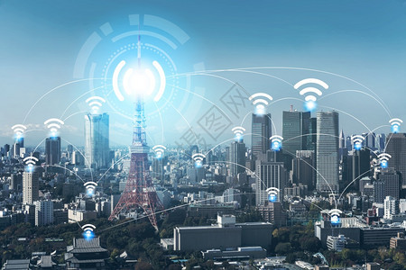 智能城市无线通信网络其图形显示事物互联网IOT和信息通讯技术ICT的概念与现代城市建筑的背景相对图片