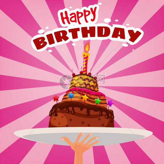 生日卡快乐餐桌上有蛋糕蜡烛餐甜点上有蛋糕蜡烛矢量隔离卡通风格图片