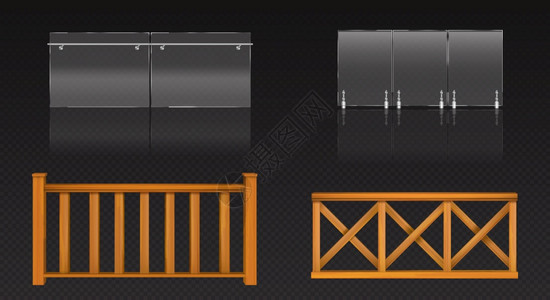 装有金属桶的玻璃板和阳台或泳池的木栅栏装有钢手和木板护的矢量现实清晰双面玻璃屏障板和木栅栏玻璃板和木栅栏图片