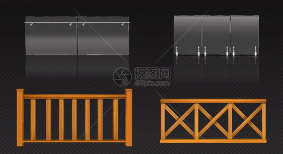 装有金属桶的玻璃板和阳台或泳池的木栅栏装有钢手和木板护的矢量现实清晰双面玻璃屏障板和木栅栏玻璃板和木栅栏图片