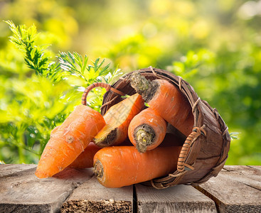一篮子里新鲜的胡萝卜放在木制桌上的一篮子蔬菜作物图片