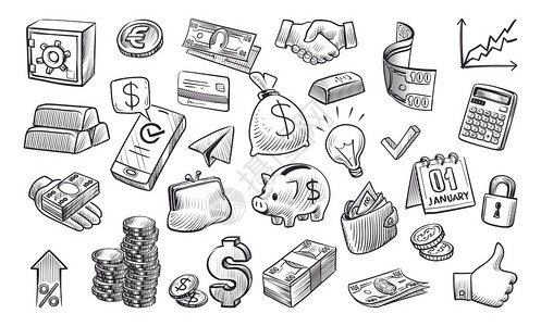 经济概念隔离黑病媒的矢概念金钱草图手画样现金和纸笔硬币安全和钱包