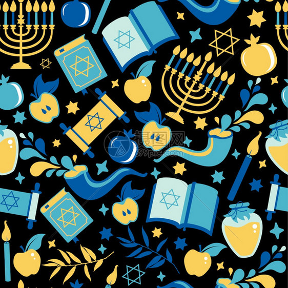 YomKippur贺卡上面有蜡烛苹果和厚的犹太节日背景矢量图解YomKippur无缝上面有蜡烛苹果和羊毛以及标本犹太节日背景矢量图片