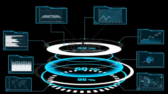 未来用户界面仪表板用于在信息图表中分析大数据HUDGUI文本数字技术概念的图形元素3D插图图片