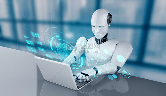 机器人使用笔记本电脑坐在桌面上第四轮工业革命的人智能和机器学习过程中用人工智能思考大脑人工智能和机器学习的概念来说明第四轮工业革图片