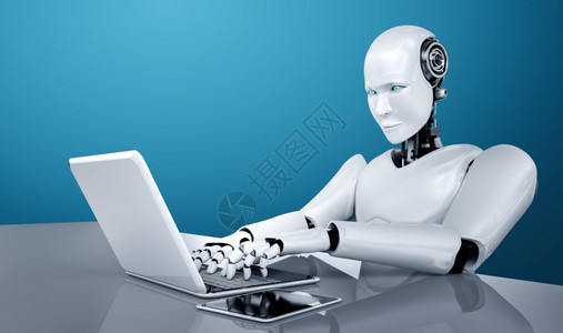 机器人使用笔记本电脑坐在未来办公室的桌子上同时使用人工智能思考大脑人工智能和机器学习过程图片