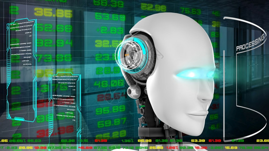 未来机器人证券交易所的人工智能CGI3D机器人制作动画3D插图图片