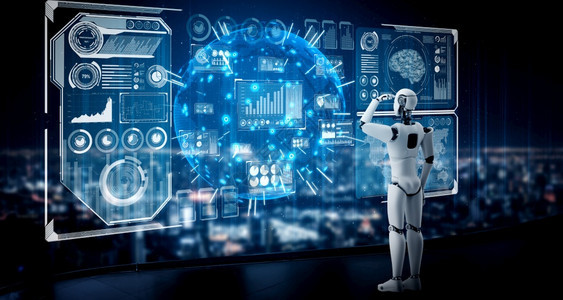 人类AI机器在全息图屏幕上观察显示使用机器学习过程的人工智能分析大数据概念3D插图背景图片