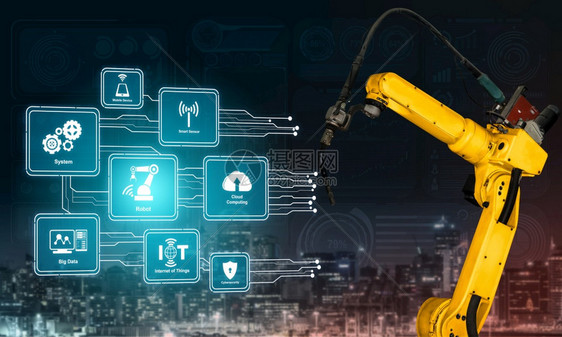 智能工业机器人武用于数字工厂生产技术显示工业40或第次工业革命的自动化制造过程和用于控制操作的IOT软件图片
