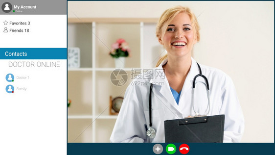 医生和病人就远程医疗服务的视频电话交谈计算机屏幕的作物放大视图中的在线保健应用医疗技术概念图片
