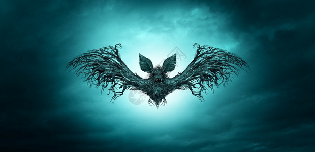 鬼蝙蝠或吸血生物恐怖的超真实飞行翼生物由树制成恐怖的超现实怪物恐怖的象征或圣洁图标带有3D插图元素图片