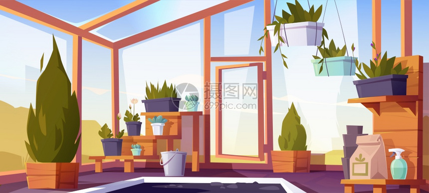 室内温装有饰植物的架子上空冬季花园有玻璃墙窗户屋顶和石地板的橙色种植花地内观卡通矢量插图室内装有饰植物的架子图片
