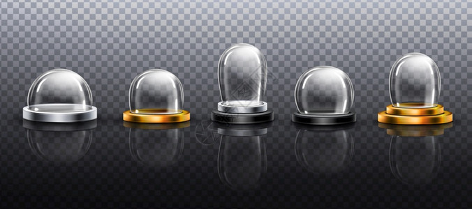 现实的玻璃圆顶圣诞节雪球纪念品银基和形大小的金基银和的孤立晶半球形体容器节日的Xma礼物模拟现实的3D矢量组银基和金的现实玻璃圆图片