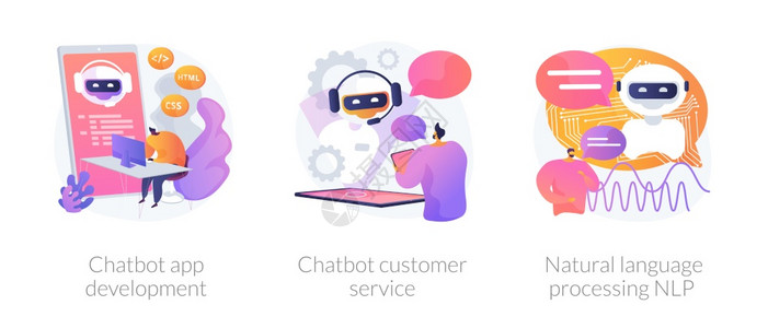 Chatbot图标设置比喻信息工程人智能聊天室应用程序开发客户服务和语言处理NLP矢量孤立概念比喻插图图片