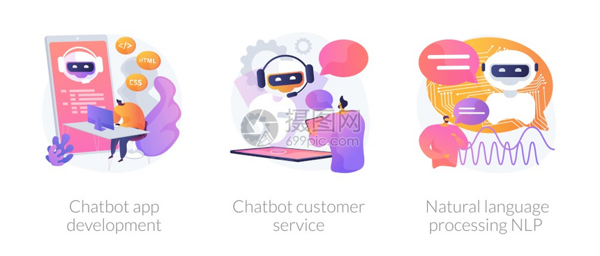 Chatbot图标设置比喻信息工程人智能聊天室应用程序开发客户服务和语言处理NLP矢量孤立概念比喻插图图片