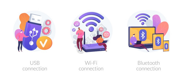 无线互联网路由器调制解数据存储装置USB连接WiFi连接蓝牙隐喻矢量孤立概念隐喻图远程连接矢量概念隐喻背景图片