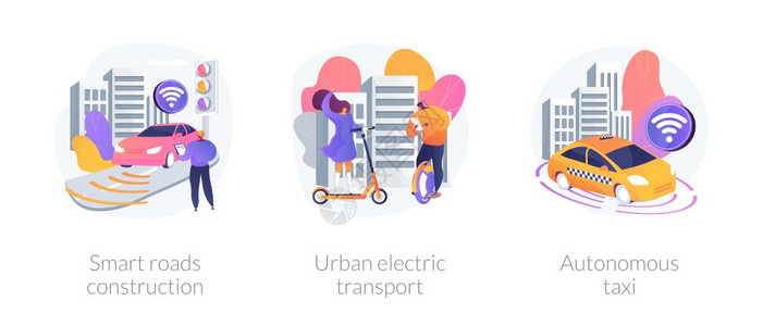 IoT城市技术交通基础设施连接智能道路建设城市电力运输自主出租车隐喻矢量孤立概念隐喻插图IoT城市技术矢量概念隐喻图片