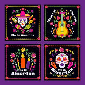 CincodeMayo5版标语矢量DiaslosMuertos版标语矢量墨西哥用于纪念卡或政党邀请海报的设计花朵传统墨西哥面框黑图片