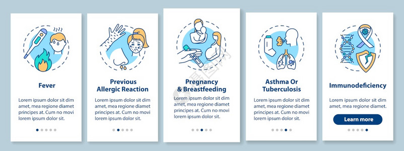 使用带有概念的移动应用程序页面屏幕上接种疫苗和防范措施免疫接种通过五步图示指配有RGB彩色插图的UI病媒模板配有概念的移动应用程图片