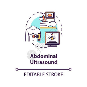 腹部超声波概念图标医疗诊断程序声学概念细线插图放射科病人肚子筛查矢量孤立大纲RGB彩色绘图可编辑中风腹部超声波概念图标背景图片