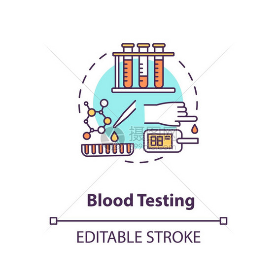 血液测试概念图标医学实验室研究临床分析生物化学技术思想细线插图矢量孤立大纲RGB彩色绘图可编辑中风图片