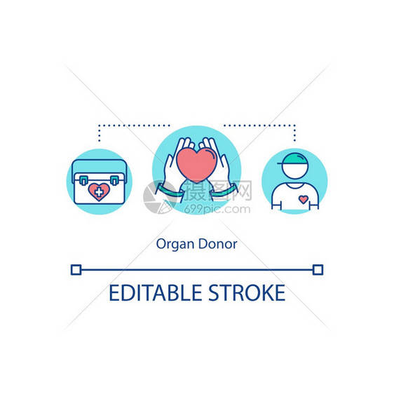 器官捐赠者概念图标心脏移植医疗程序概念细线插图慈善健康基金会人寿保险病媒孤立大纲RGB彩色绘图可编辑中风图片