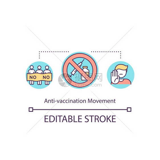 防接种运动概念图标疫苗犹豫不决抗排轴思想短线插图拒绝接种疫苗的人病媒孤立图示RGB彩色绘画可编辑的中风图片