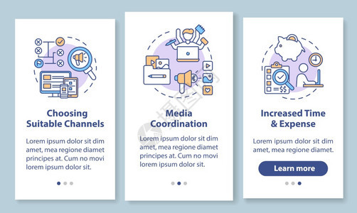具有概念的移动应用程序页面屏幕上安装移动应用程序屏幕的营销渠道策略协调社交媒体通过三步图形指示配有RGB彩色插图的UI矢量模板配背景图片