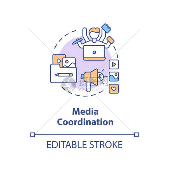 媒体协调概念图标社交媒体活动报道设想细线插图多任务营销战略管理矢量孤立大纲RGB彩色绘图可编辑中风图片