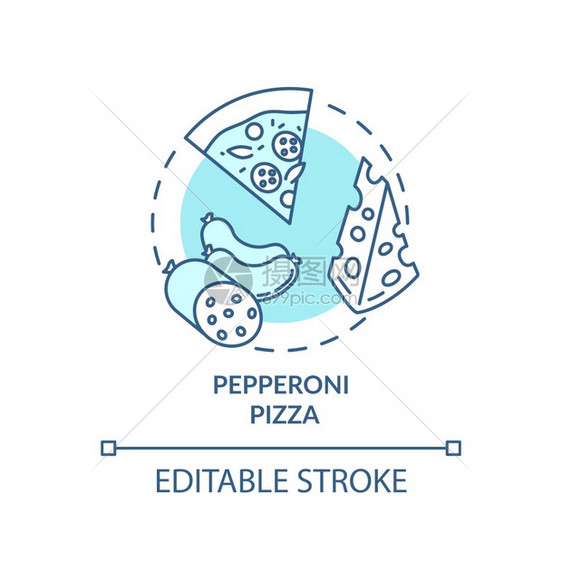 Pepperoni披萨概念图标热披萨大餐美味香肠和奶油酪辣椒盘菜想法细线插图矢量孤立的插图RGB彩色图画可编辑的中风辣椒披萨概念图片