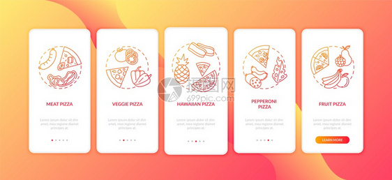 带概念的移动应用程序页面屏幕上的披萨类型传统的意大利菜盘披萨单通过5步图形指示配有RGB彩色插图的UI矢量模板带概念的在移动应用图片