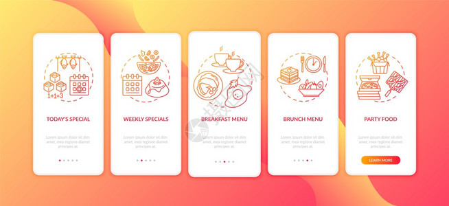 配有概念的移动应用程序页面屏幕上提供特别服务食品折扣提供膳食的类型通过5步图形指示配有RGB彩色插图的UI矢量模板图片