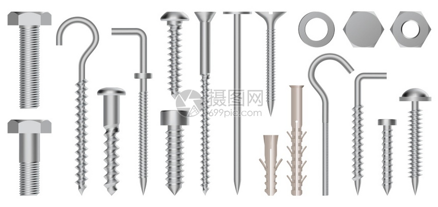 硬件不锈螺和眼钩金属固定装置孤立矢量说明装置制造紧固螺帽坚果和双快叉现实的三螺和栓硬件不锈图片