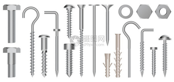 硬件不锈螺和眼钩金属固定装置孤立矢量说明装置制造紧固螺帽坚果和双快叉现实的三螺和栓硬件不锈图片