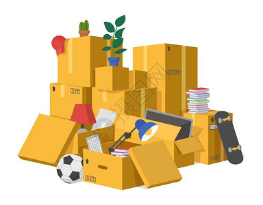 搬家箱送货纸板堆装有新家搬商品的堆叠纸箱包装交付开矢量插图搬迁箱运送纸板堆交付开矢量插图图片
