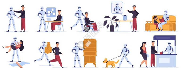 机器人帮助类工智能个助理机器装置帮助类所有者帮助矢量图示标集做家务和狗一起走机器人帮助类工智能个助理帮矢量图示标集图片