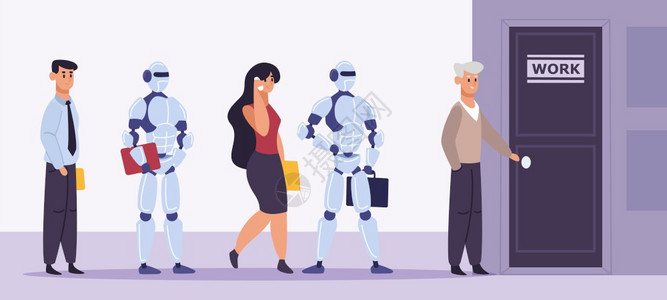 人和机器招聘和工智能在作面试中站立就业竞争病媒说明未来与机器男女工人的作市场和机器招聘和工智能在作面试中站立就业竞争病媒说明图片