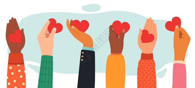 手慈善概念给予分享爱人慈善和捐赠手带有心脏符号手带有爱信息矢量说明志愿工作培养不同的人类手掌给予慈善和捐赠手带有爱信息矢量说明图片
