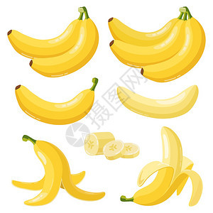 卡通香蕉热带黄果皮香蕉和一堆成熟素新鲜水果零食带矢量图示标维冈健康食品自然产切片皮香蕉和一帮成熟素新鲜果零食带源图示标图片