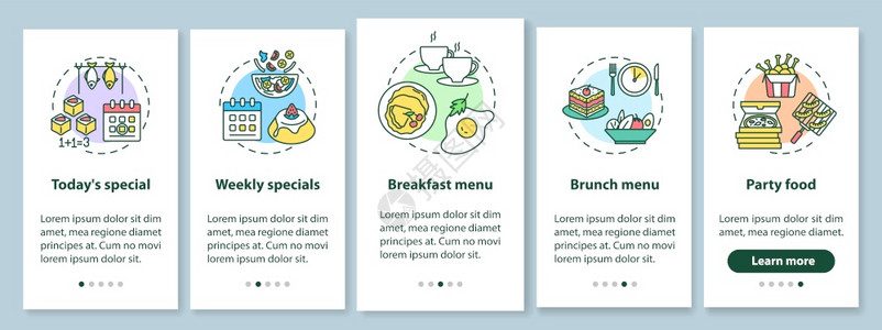 模具类型带有概念的移动应用程序页面屏幕上提供特别服务食物建议提供膳食的类型通过5步图形指示配有RGB彩色插图的UI矢量模板配有概念的移动插画